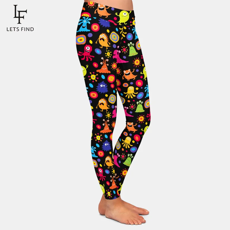 LETSFIND 2020 Cute Cartoon Monsters Printing Women Soft Slim  Pants High Waist Fitness Elastic Leggings