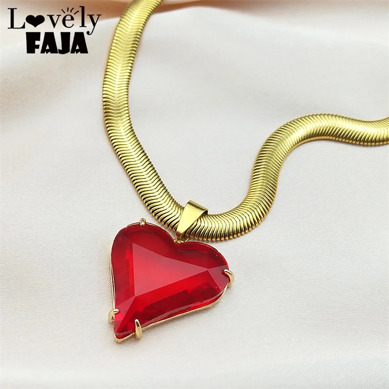

Red Heart Glass Pendant Necklace For Women Men Stainless Steel Gold Color Choker Snake Chain Necklace Punk Girl Jewelry Gift