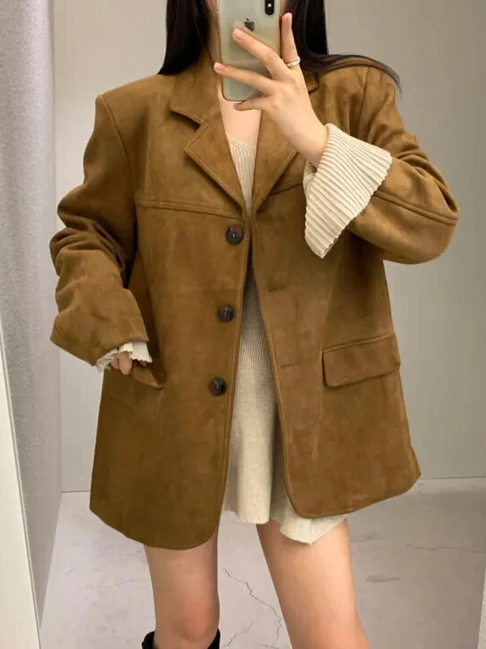 Women's Casual Sle Loose Fit Leather Jaet Autumn Winter New Arrival Versatile Mid-Length Commute Friendly Single Button