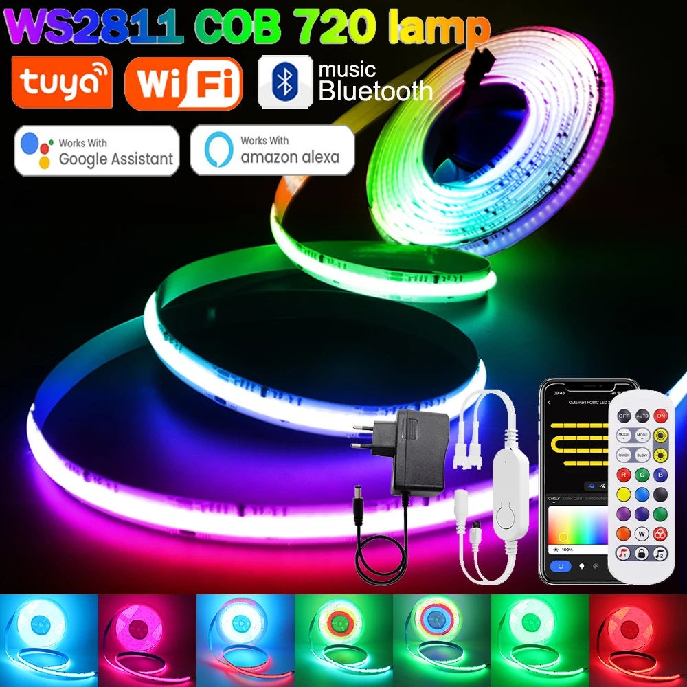 Tuya WiFi Smart WS2811 RGB COB LED Strip Light Addressable Pixel Flexible LED Tape 12V 24V Bluetooth LED Ribbon Bedroom Decor