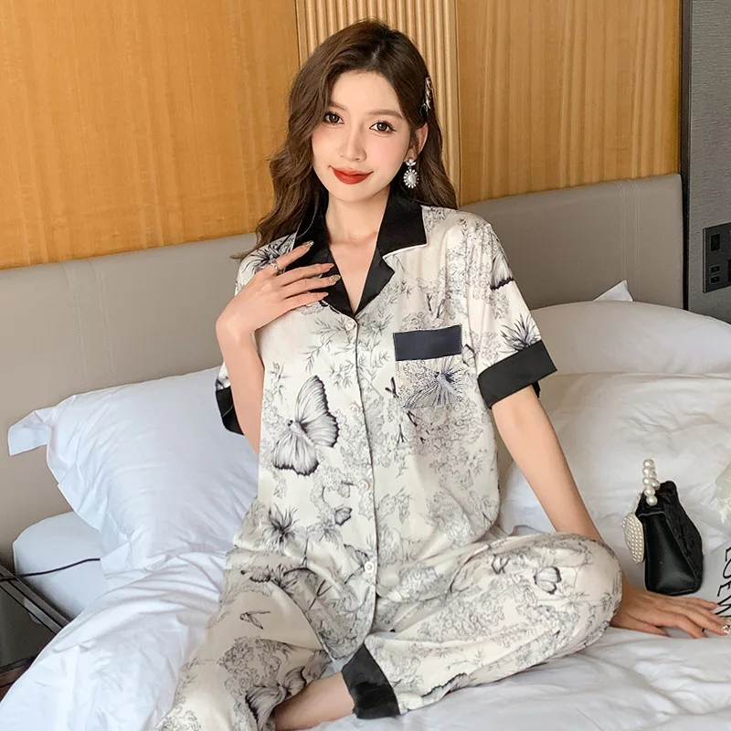 Print Womens Pajamas Faux Silk Satin Sleepwear Set Soft Short Sleeve Tops with Pants Pajama 2 Pieces Lingerie Women Home Suit