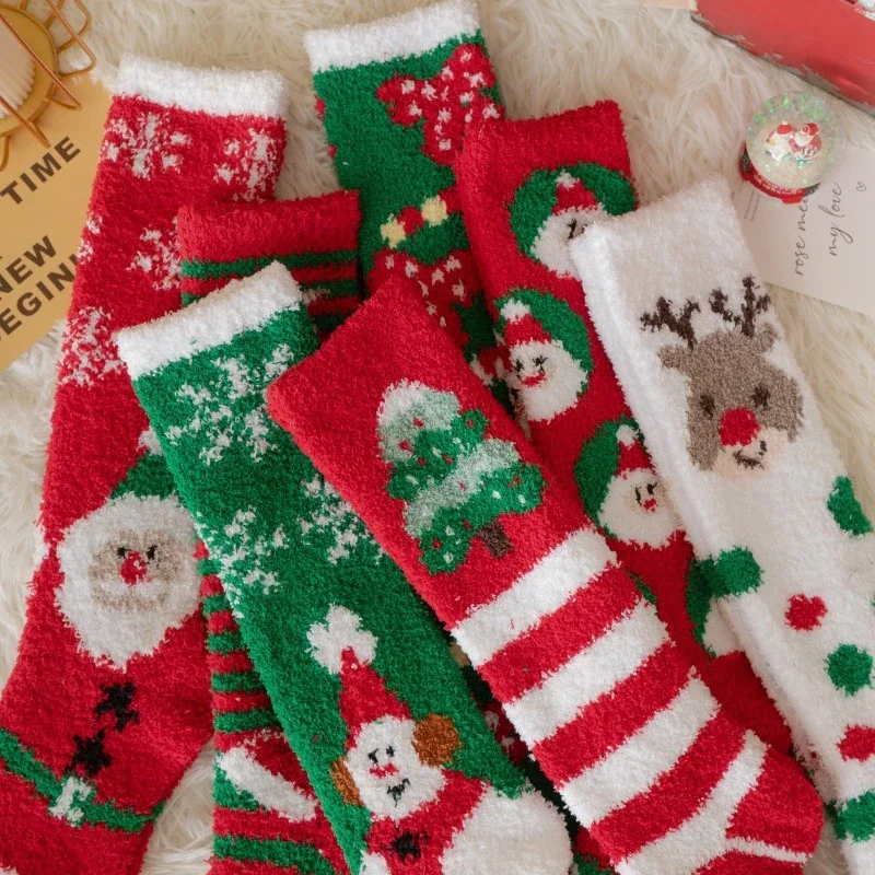 Christmas Stocking Women\'s Long Coral Velvet Warm Thick Floor Sleeping Socks Snowflake Deer Tree Gift Socks Tall Socks Green