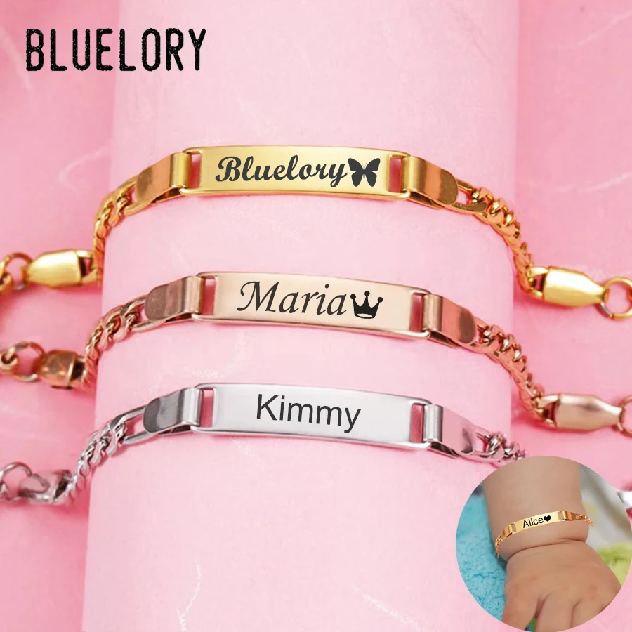 Personalized Baby Newborn Name ID Bar Bracelets For Girl Boy 3 Color Stainless Steel Record Birthday Kids Bracelet Gift