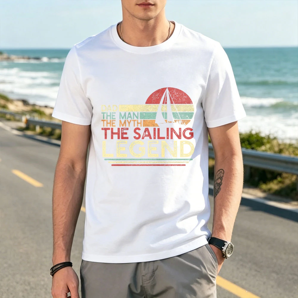 Dad The Man The Myth The Sailing Legend Retro Sunset Print T Shirt Men Cotton Tee Sailor Father Casual Boating Sports Gift Tops