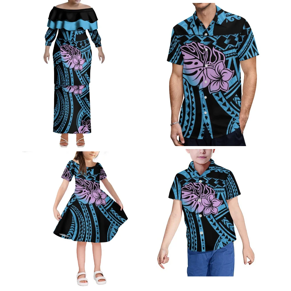 Conjunto de família samoana feminino, um ombro, manga curta, vestido puletasi, vestido de menina, menino, top polinésia, festa havaiana, camisa mascul