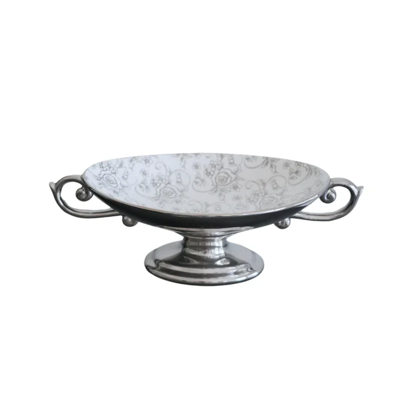 

French retro style silver rose pattern ceramic fruit plate living room coffee table high foot plate ornament