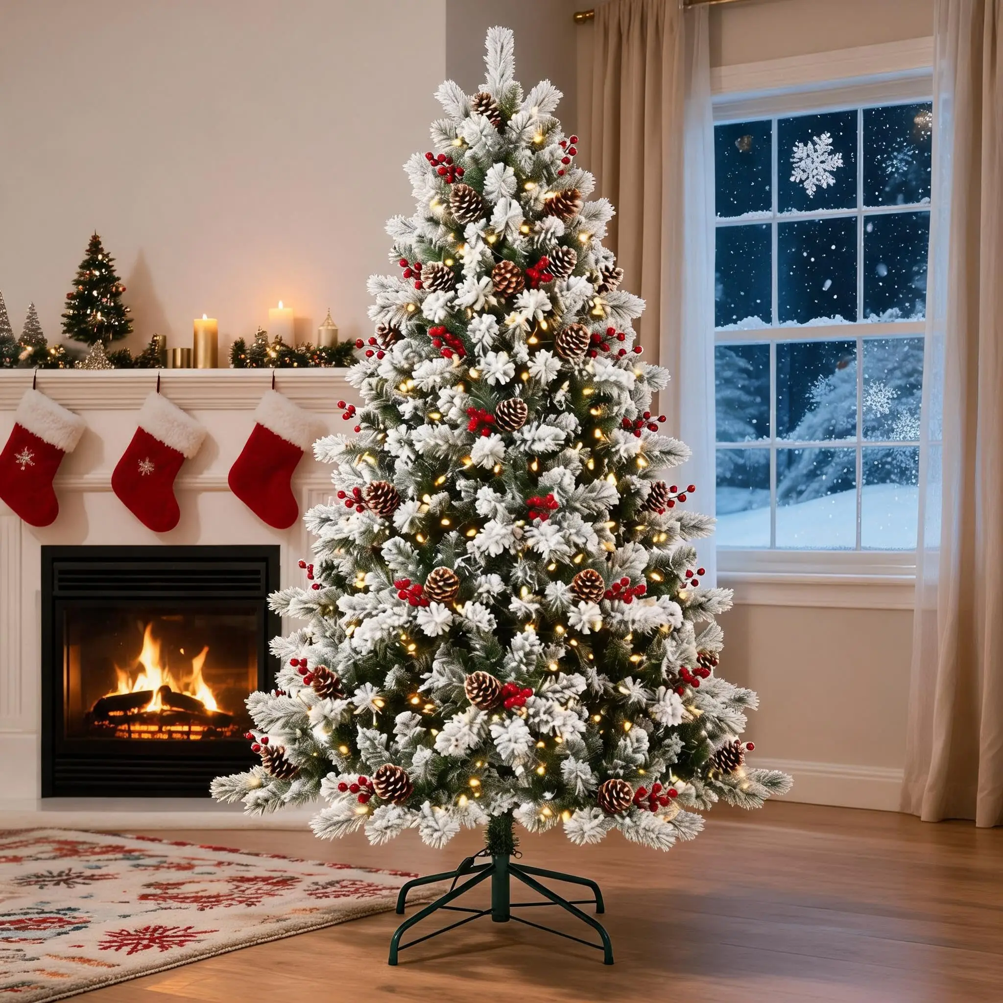 Pre Lit Flocked Artificial Christmas Tree Warm White LEDs Pinecones Red Berries Metal Stand Green Snow Flocked Finish
