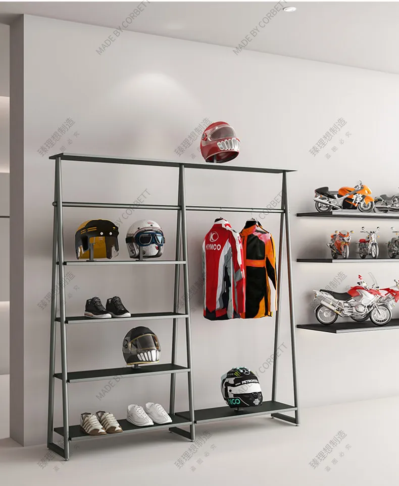wind locomotive clothing, helmet display rack, floor-to-ceiling multi-layer motorcycle jacket, gloves, hat storage display rack