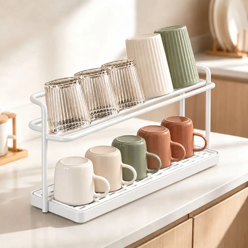 Tea Cup 2-Tier Cup Rack With Draining Tray Carbon Steel Mug Holder Multi-functional Space Saving Cup Organizer Stand Kitchen