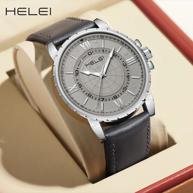 HELEI2024 new men's quartz watch leather ancient Roman numerical dial men's clock business waterproof luxury men's watches