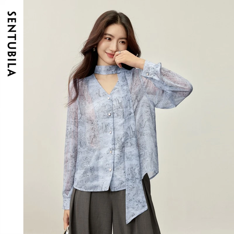 Chemisier élégant SENTUBILA pour femme, collection automne 2026, avec nœud à lacets, col en V, coupe ample, hauts en mousseline à manches longues 153VC2613