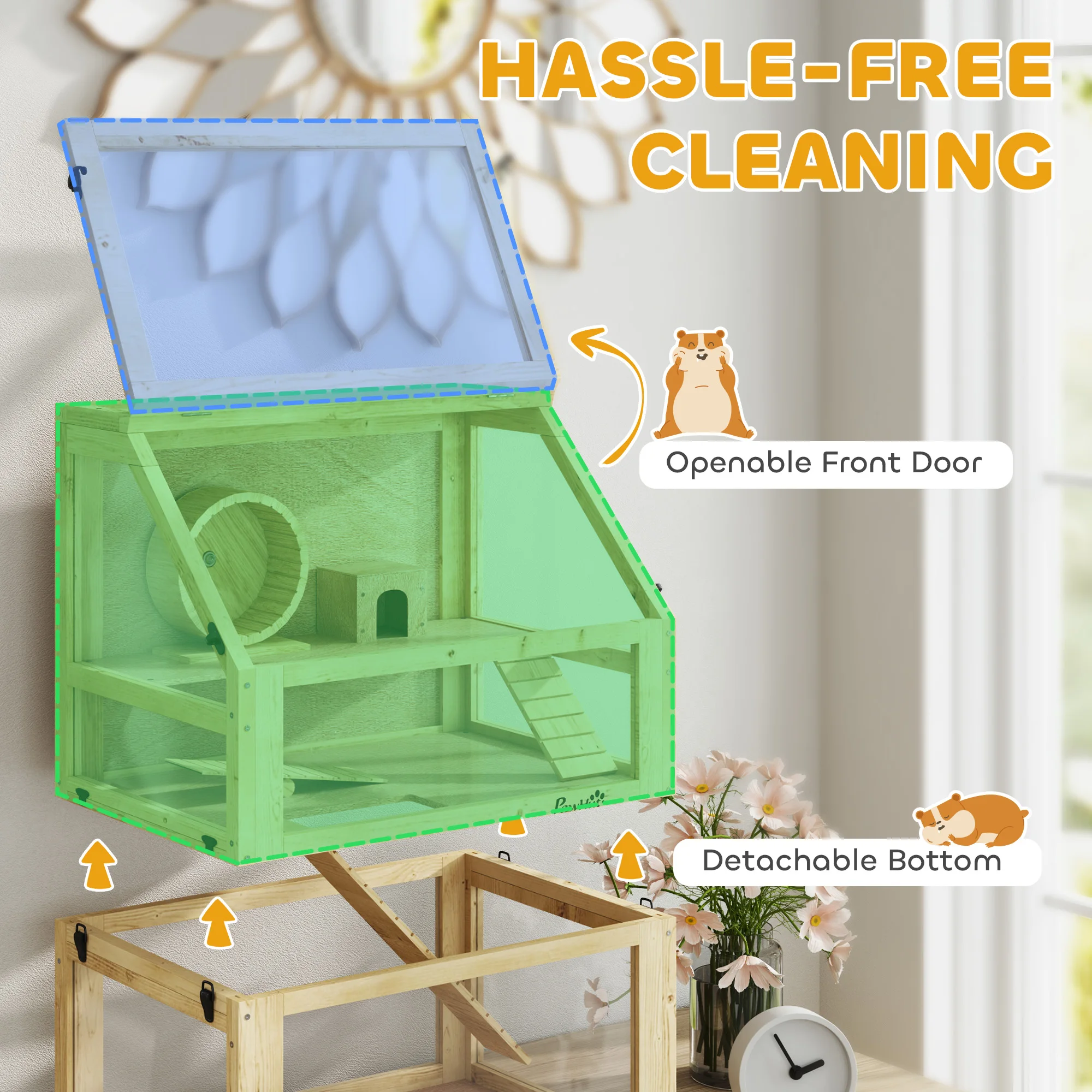 PawHut Wooden Hamster Cage, 3 Tier Gerbil Cage with Detachable 32cm Deep Bottom, Hut, Seesaw,Ramps Natural Wood Finish