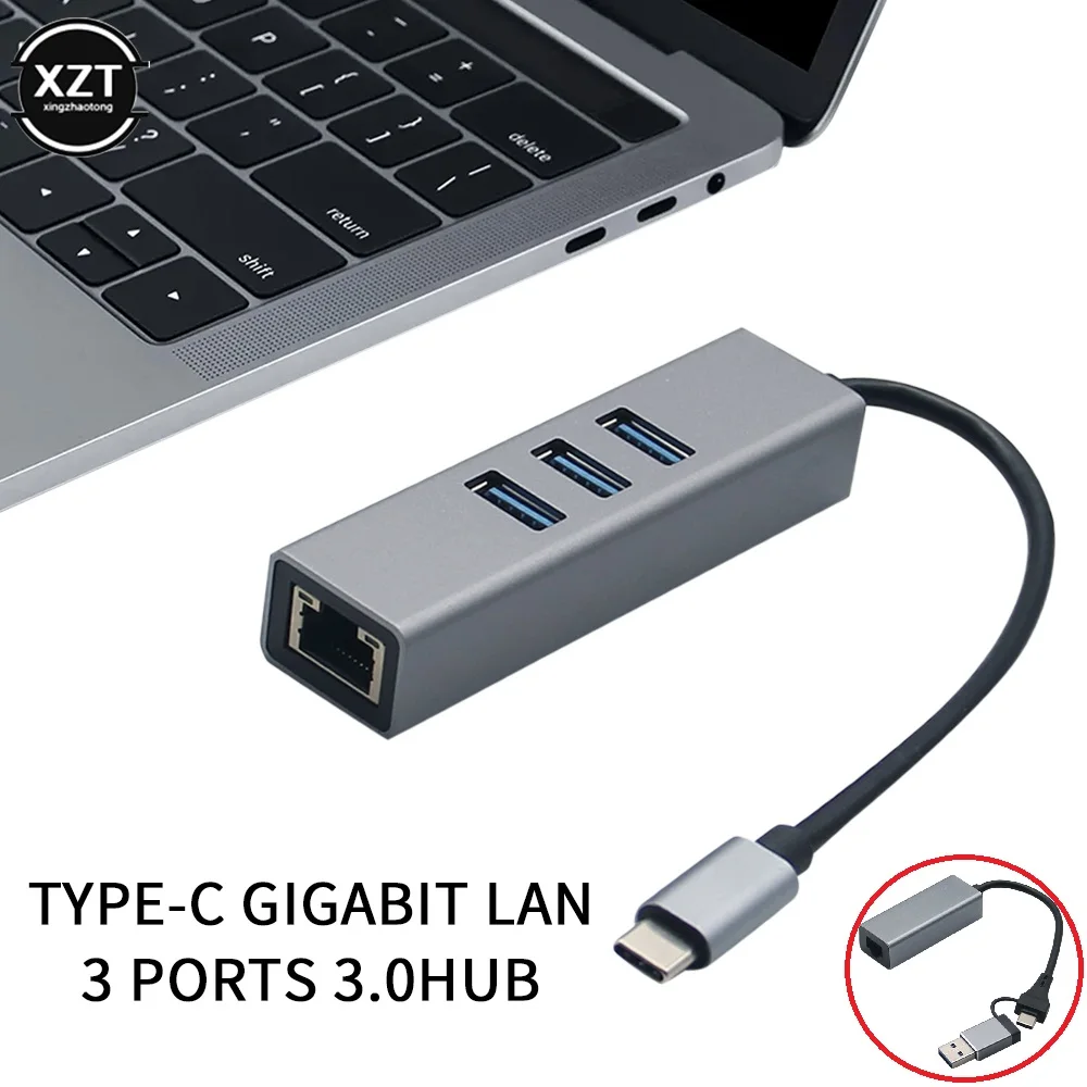 Чипы RTL8153 USB Тип C к RJ45 проводная сетевая карта супер скорость 3 порта USB 3,0 к Ethernet 1000 Мбит/с адаптер для Macbook ПК