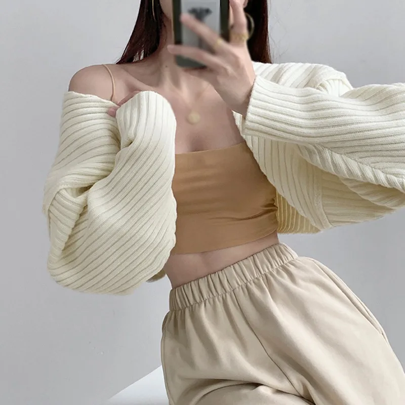 Women Short Cardigans Autumn Ultra-short Sweater Coat Long Sleeve Loose Knitted Crop Top Solid Color Sexy Cardigan Sweaters Top