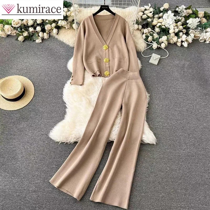 Casual Set Versatile Metal Buckle Long Sleeve Cardigan Sweater Wide Leg Pants Knitted Two Piece Set Women Two Piece Outfits