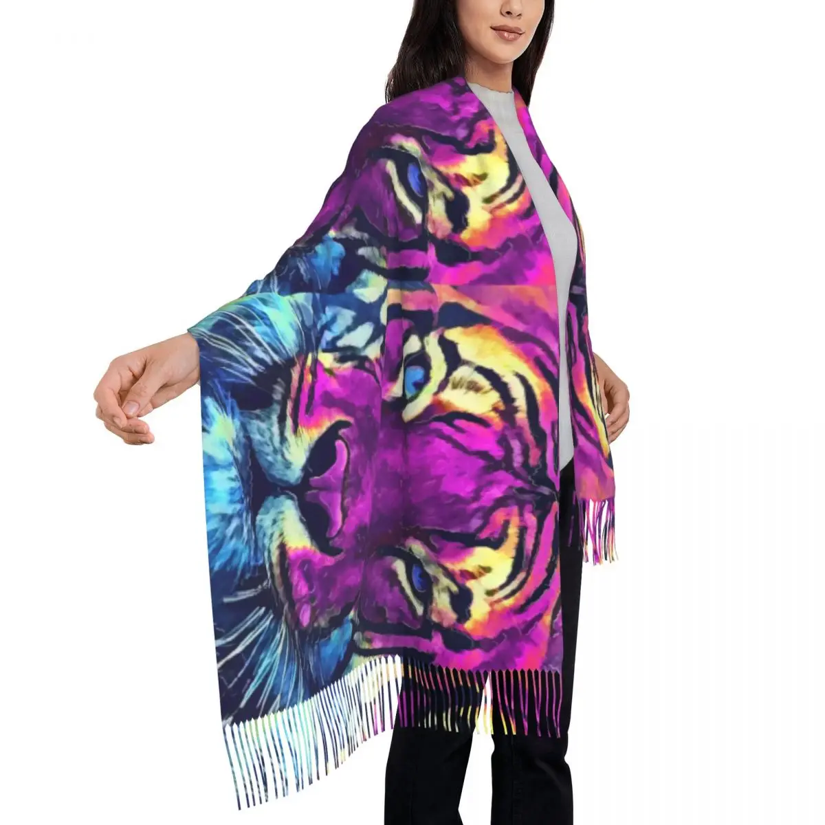 Tiger Purple Spirit Scarf with Long Tassel Animal Outdoor Shawls and Wrap Female Custom Scarves Wraps Winter Luxury 2024 Bufanda