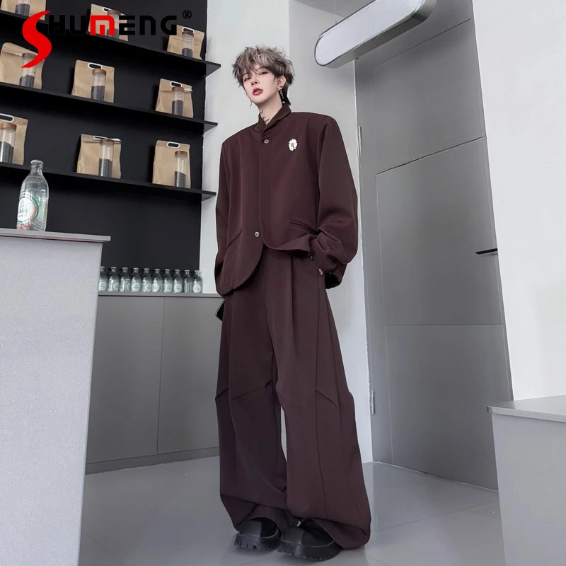 

2025 мужские осенние новые комплекты из 2 предметов в стиле ретро с мягкими плечами и лацканами, мужские модные широкие брюки, стильные однотонные комплекты из двух предметов