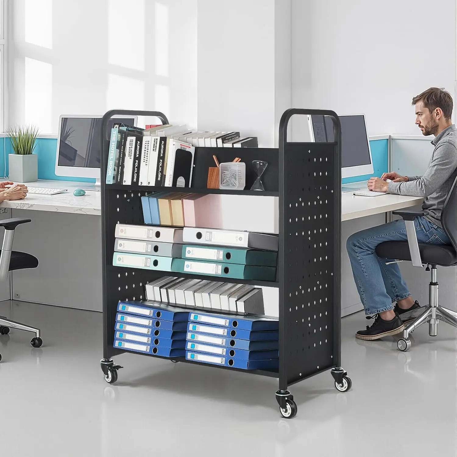 Rolling Library Book Cart, 330 lbs Capacity, 38.2 x 20.3 x 48.2-Inch Library Cart, Double Sided W-Shaped Shelves with 3-Inch Loc