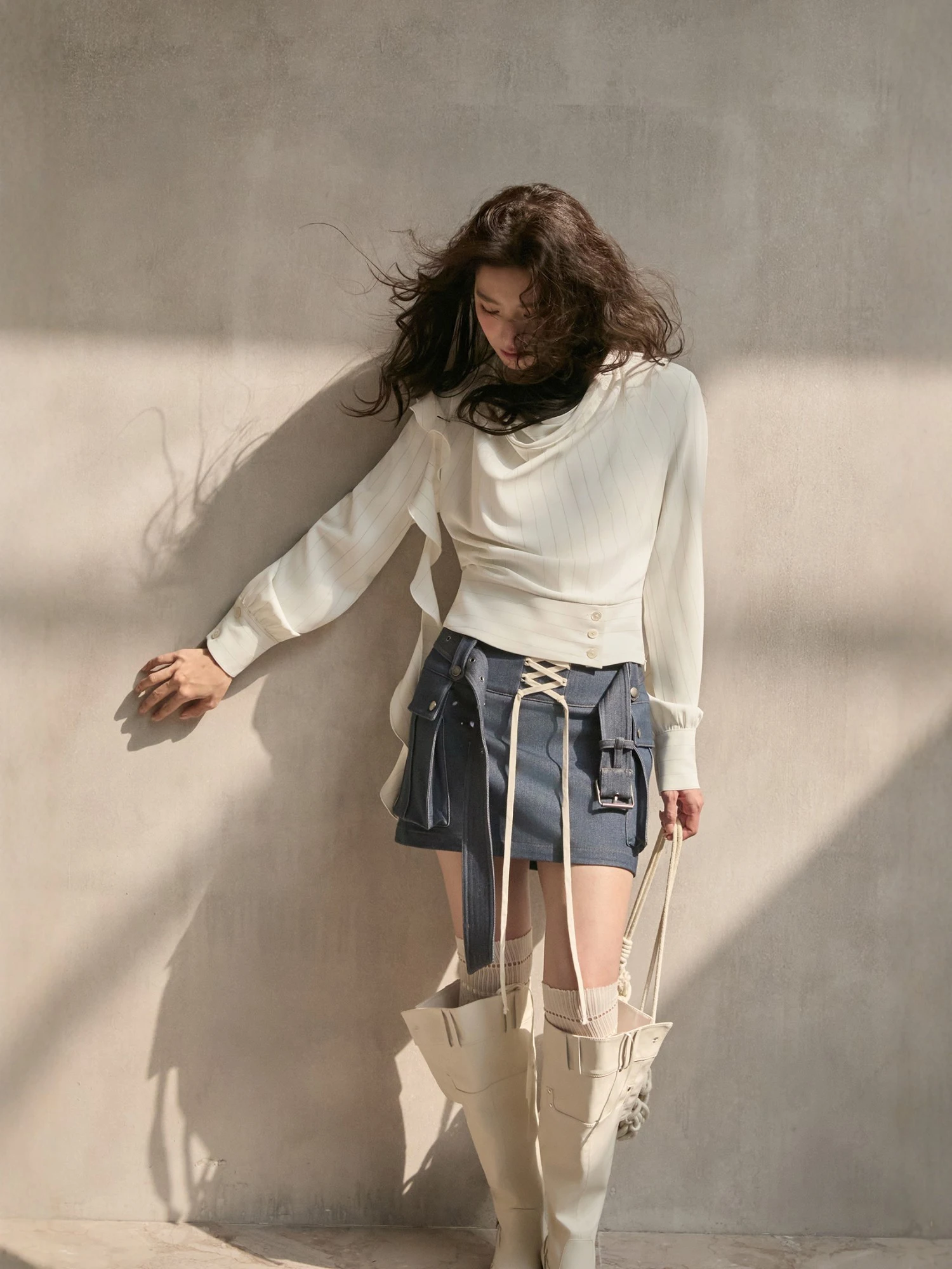 

Sweet And Cool MXU Denim ort Skirt mid Low Waist Design Vintage Belted Door Front Women's Faion Spring Season Polyester B...