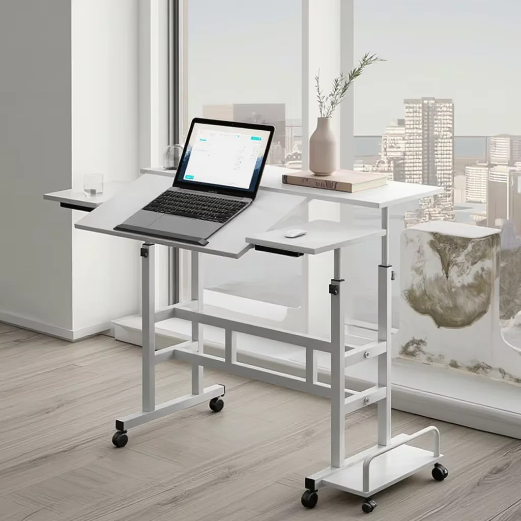 Mobile Standing Computer Workstation Home Office Desk with Wheels and Host Shelf