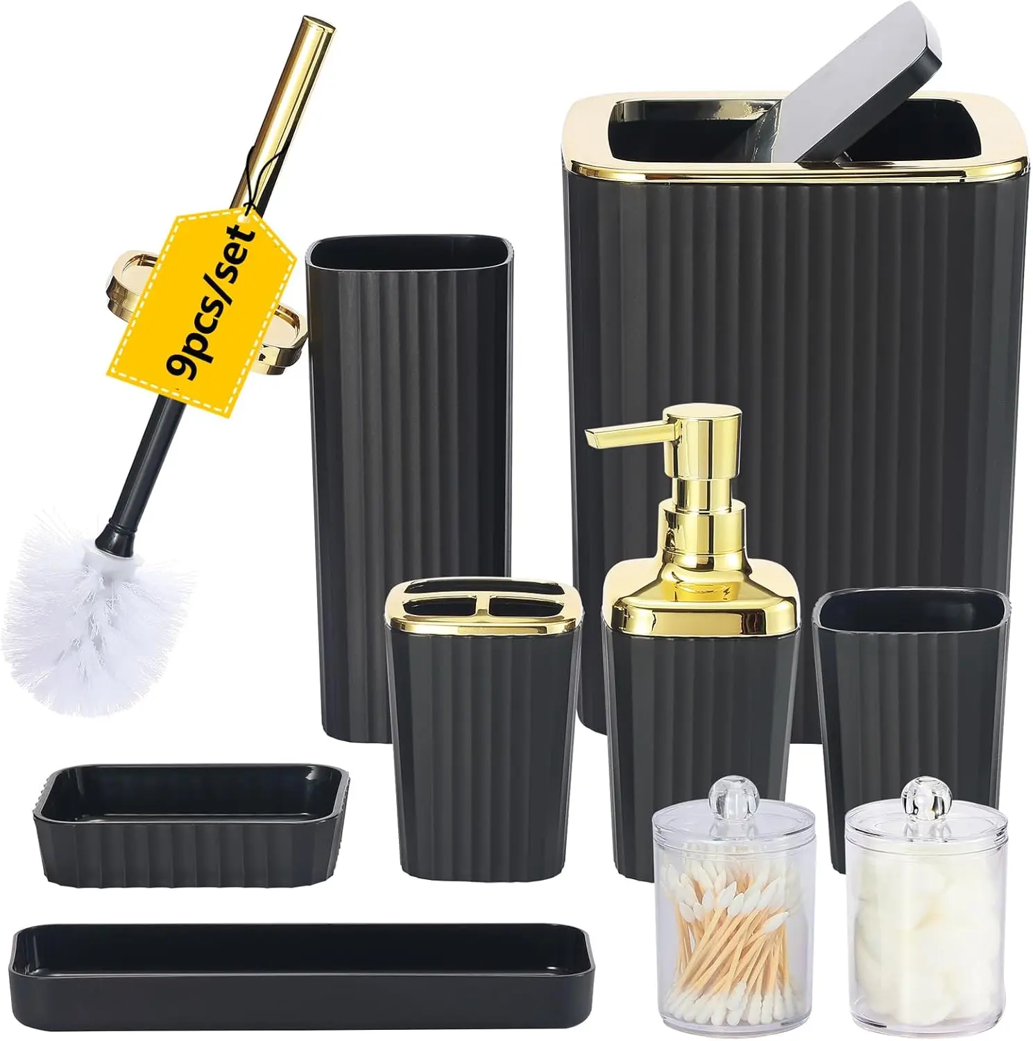

9-Piece Black Bathroom Accessory Set with Toothbrush Holder, Trash Can, Soap Dispenser, Toilet Brush