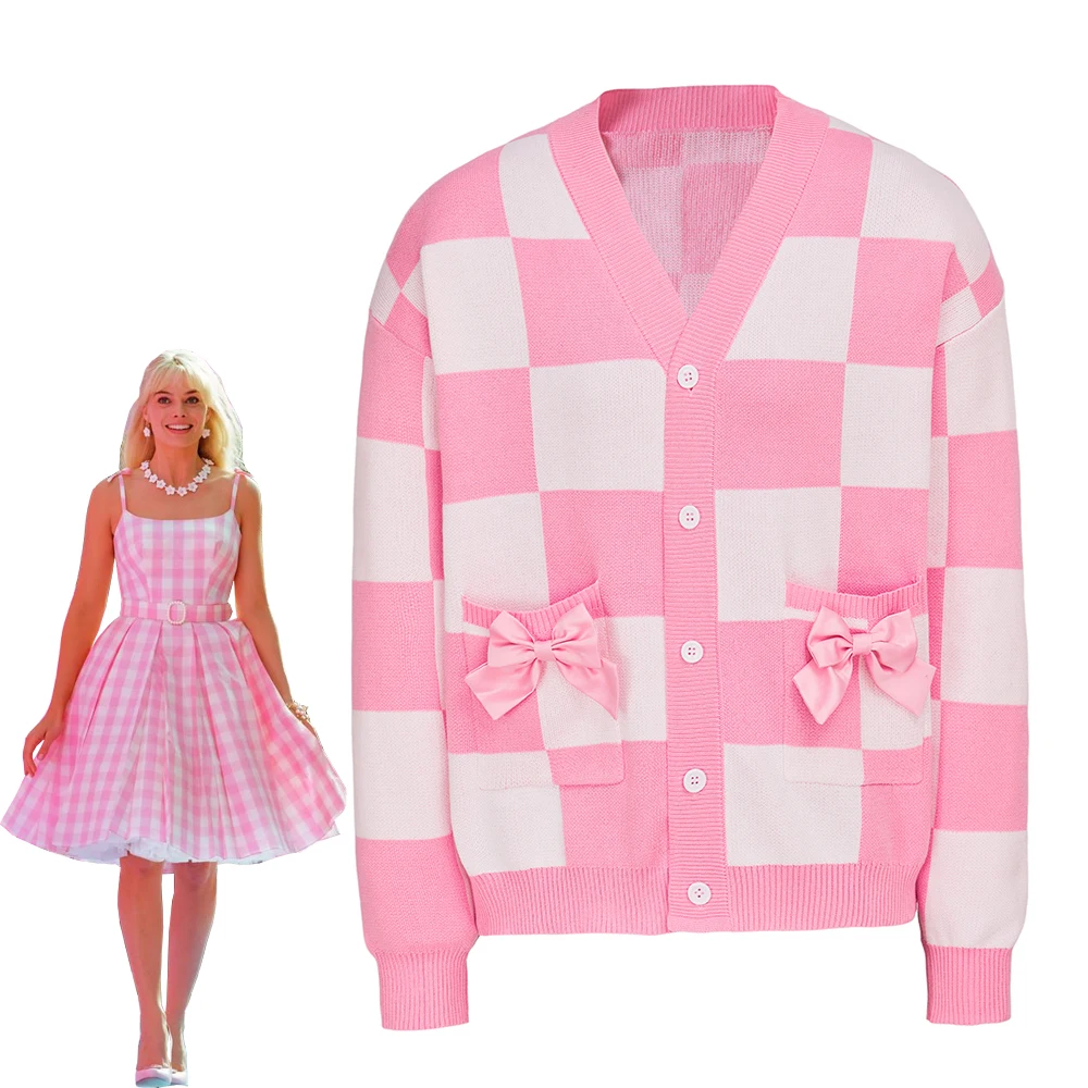 

Movie Barbi Cosplay Margot Robbie Costume Knitted Cardigan Women Pink Jacquard Sweater Jacket Coat New Top Halloween Outfit