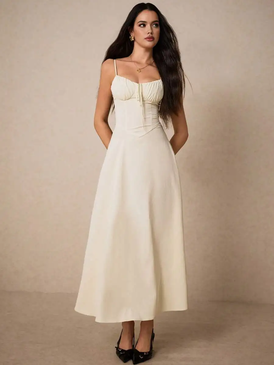 

Elegant Cream Front-Tie Camisole Midi Dress with Ruched Bodice