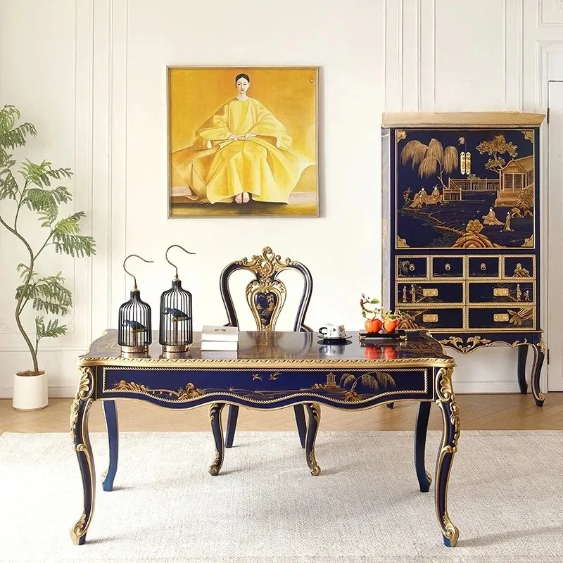 

A French villa royal blue hand-painted solid wood rectangular dining table, desk, chair, writing desk, painting, computer table