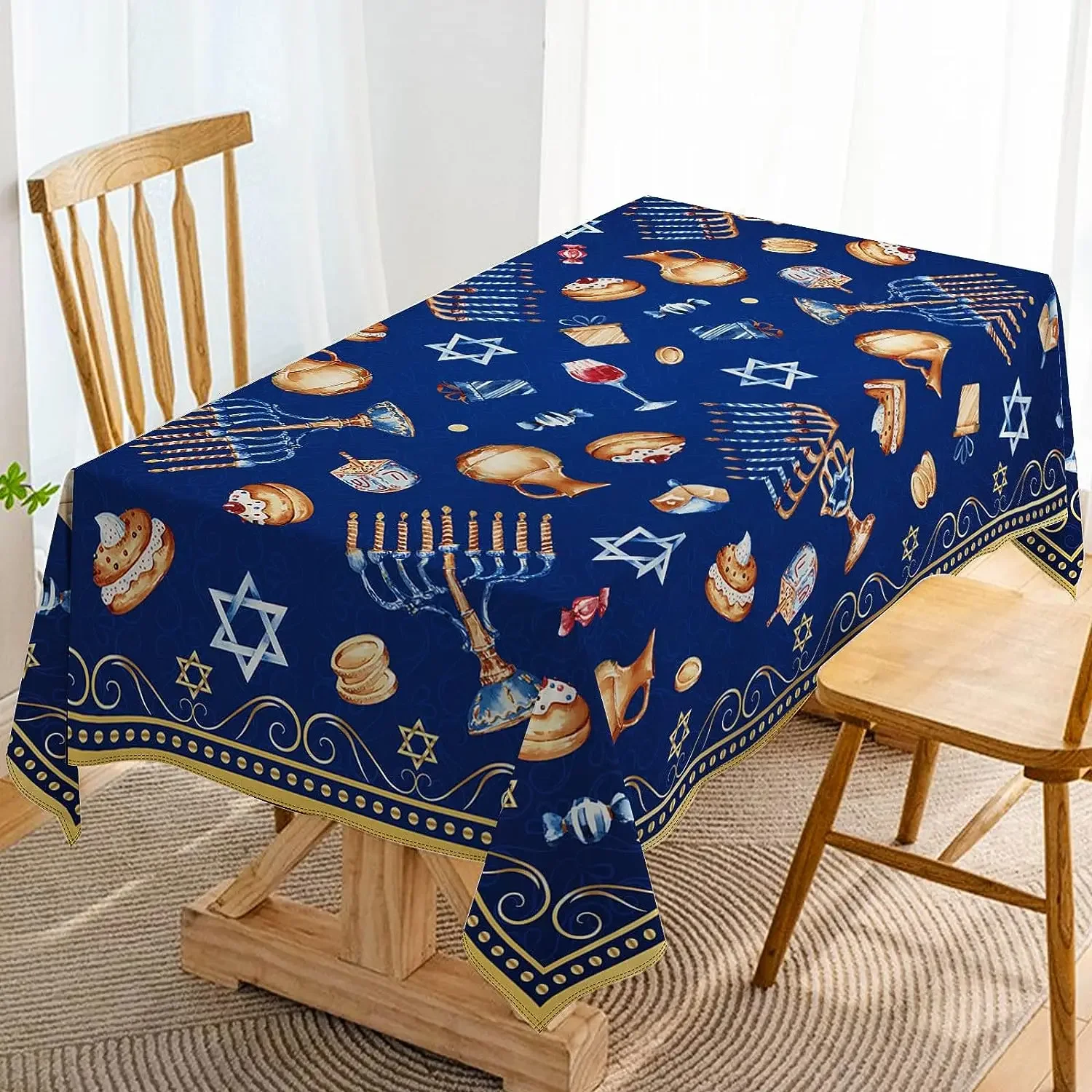 Hanukkah Rectangle Tablecloth Jewish Chanukah Menorah Holiday Decoration Star of David Reusable Waterproof Table Covers Decor