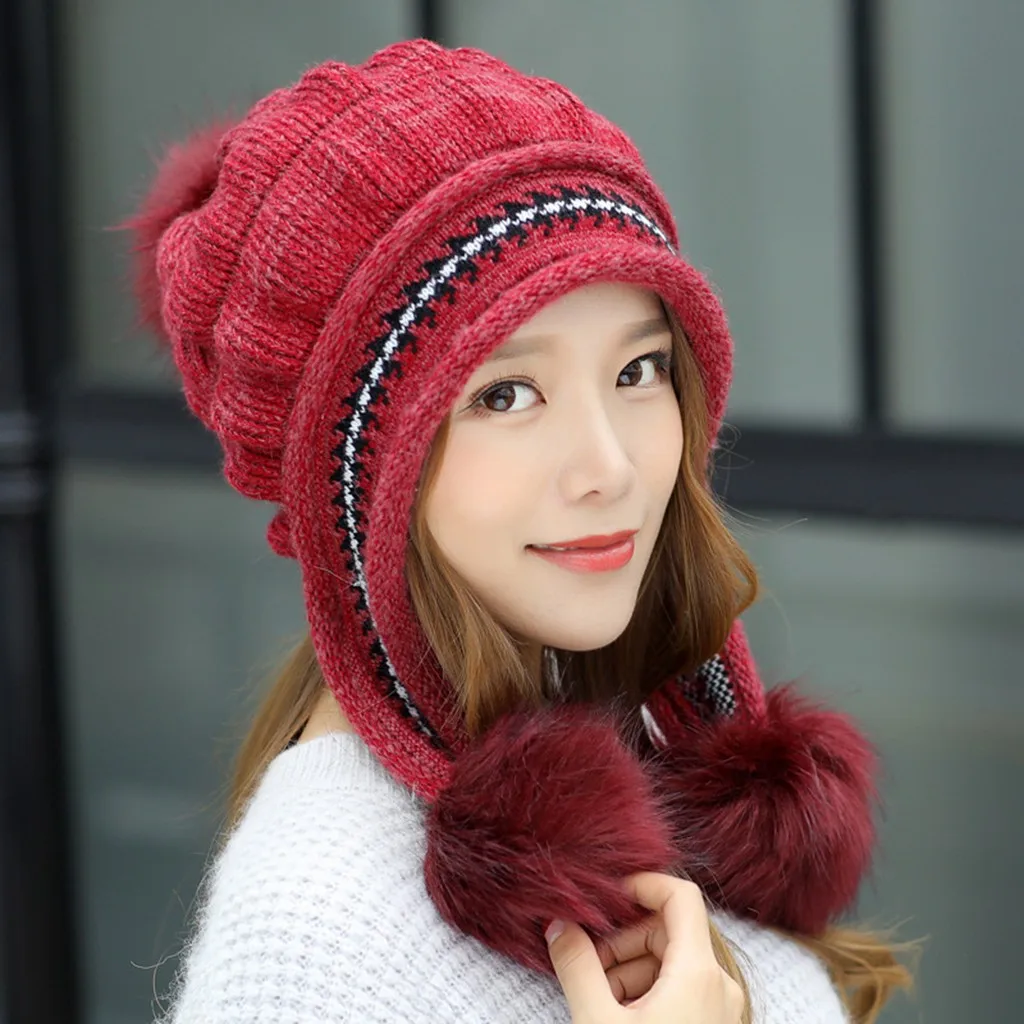 

Winter Hat For Women Beanie Hat With Fleece Lining Lady Knitted Winter Cap For Female Girl Wool Hemming Thick Warm Hats Femme