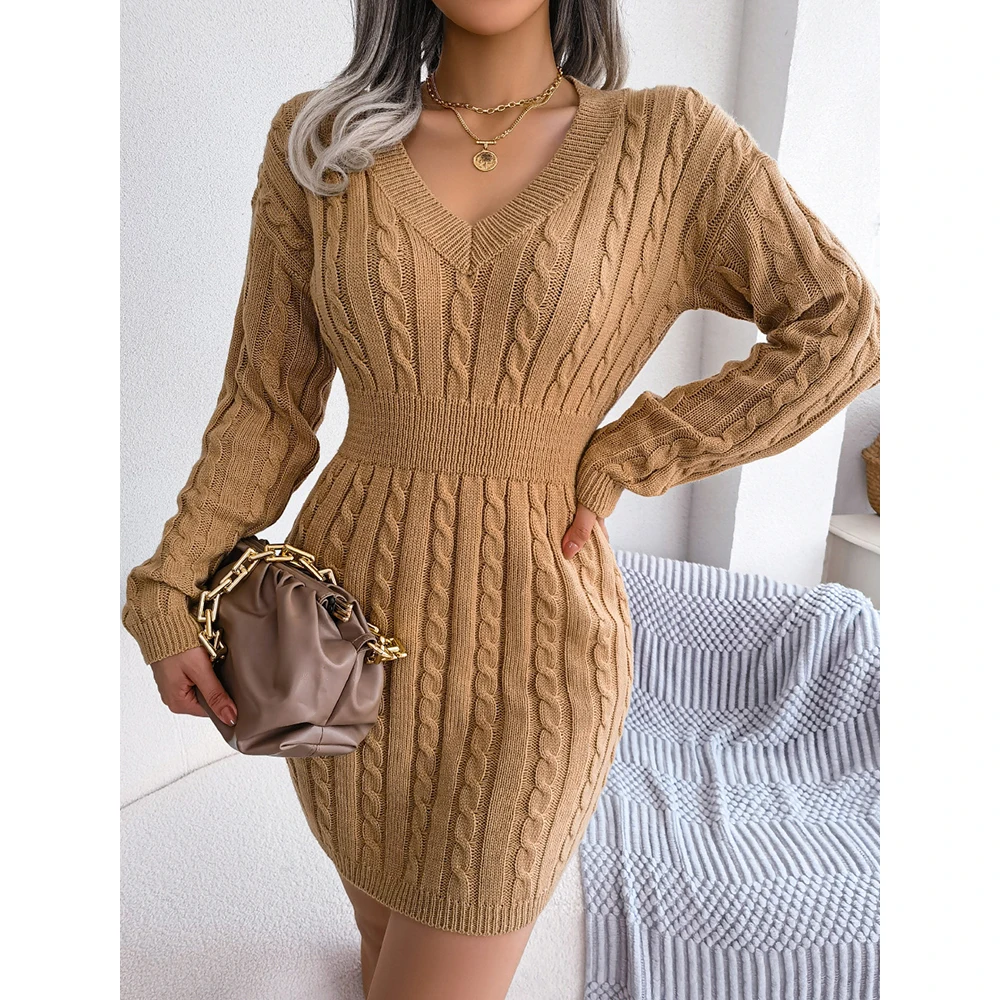 

Mia Muse Autumn Winter Women's Knitted Dresses Casual Long Sleeve V Neck Mini Simple Fashion Dresses