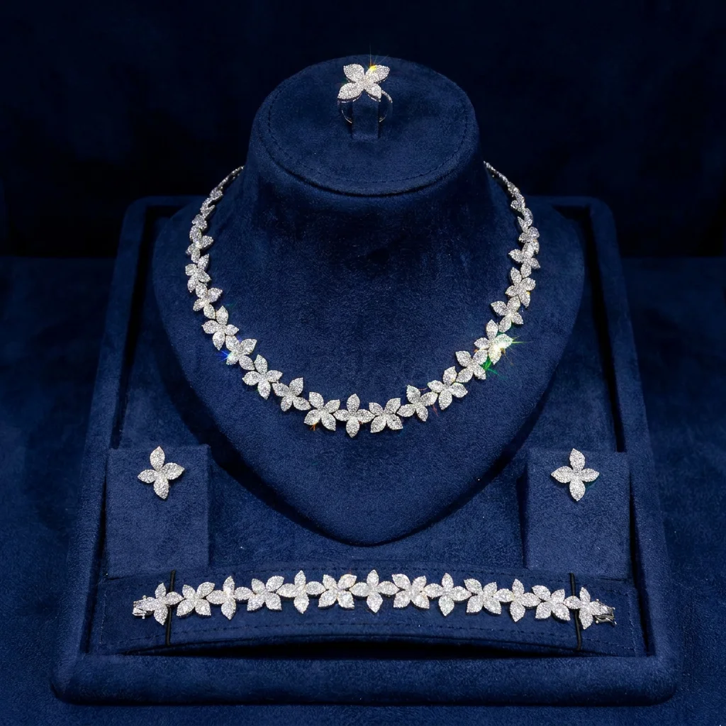 Bride Talk Stunning 4PCS Floral Clover CZ Zirconia Jewelry Collection Dubai African Bridal Wedding Engagement Party Accessories