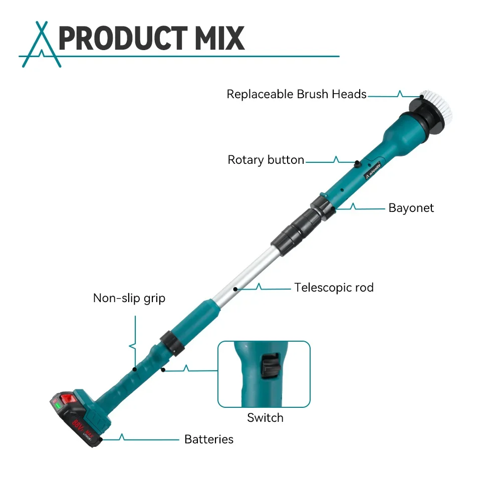 Cordless 2400RPM Electric Spin Scrubber 8IN1 Electric Cleaning Brush Extension Handle Cleaning Power Tool For Makita 18V Battery