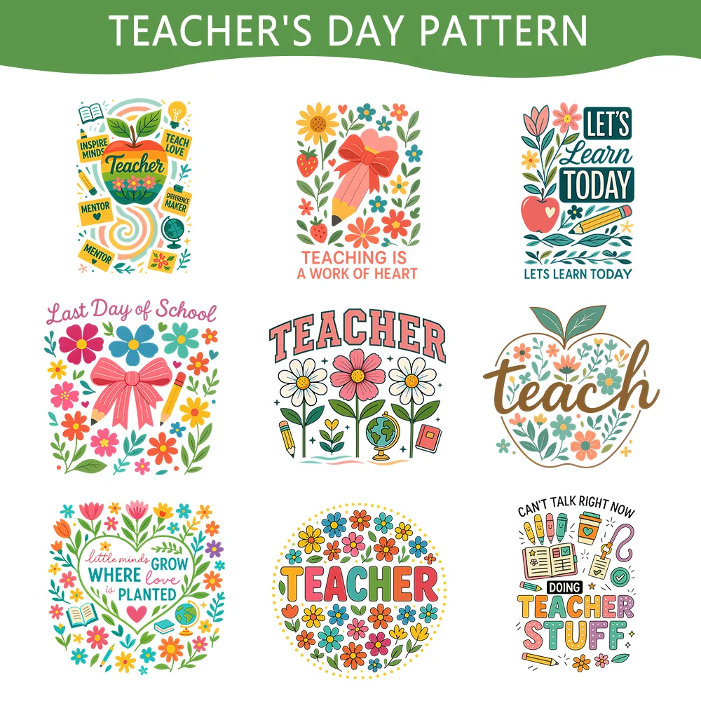 9pcs Teacher's Day Theme Floral Pattern Heat Transfer Stickers - High Elasticity,Washable for DIY T-Shirt,Backpack&Clothing