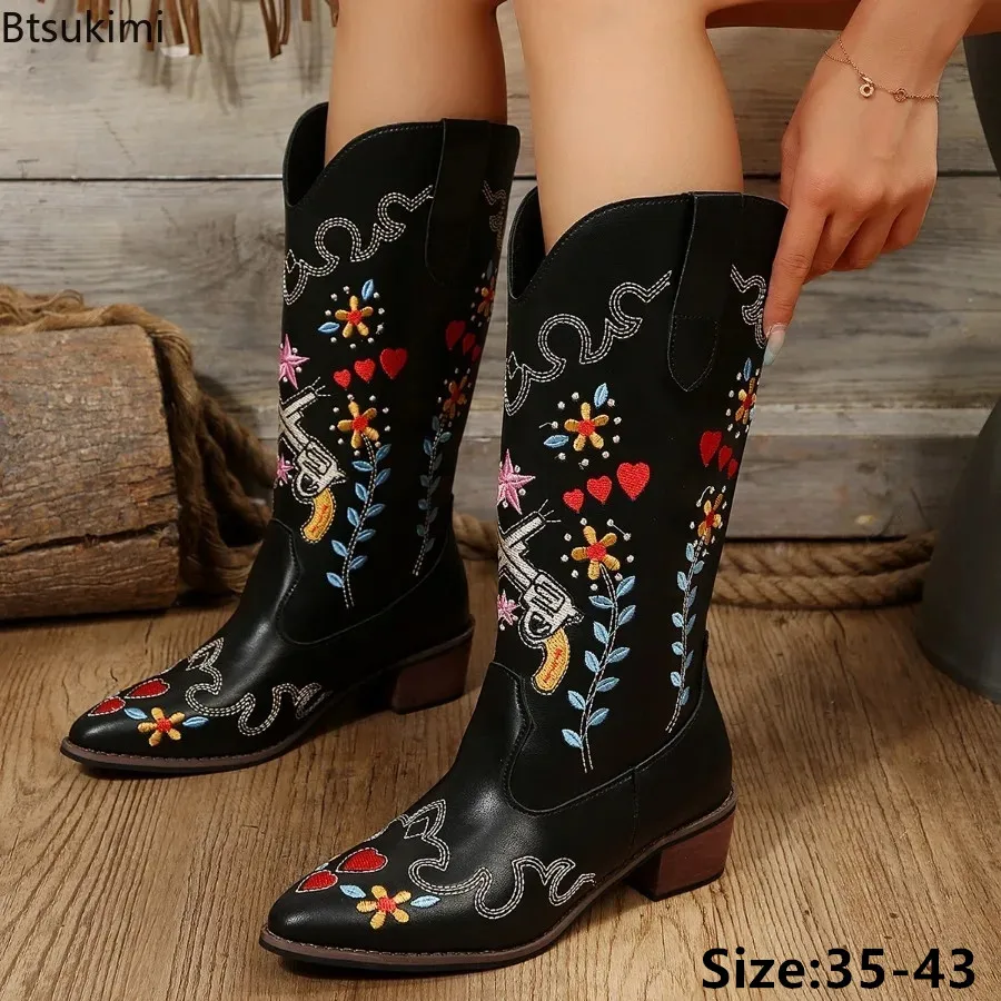 

New 2025 Women's Fashion Embroidered High Boots Western Cowboy Boots Women Chunky Heels Ethnic Pointed Leather Boot Botas Mujer