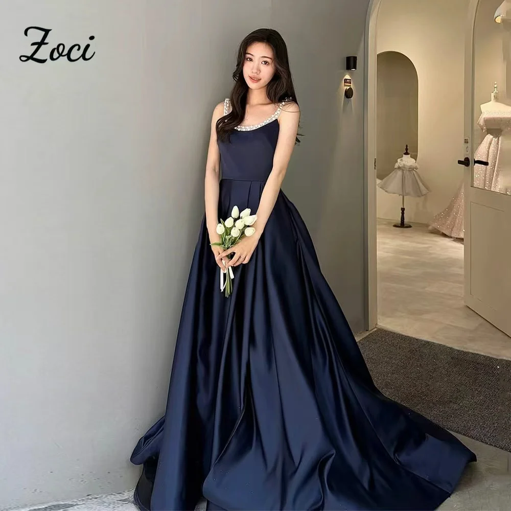 

Zoci Pearls Beading Satin Korea Wedding Dresses Navy Blue Customized A Line Sleeveless Prom Dress Bridal Party Gown PhotoShoot
