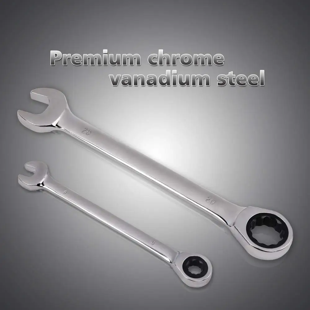 Ratcheting Combination Wrench Set 18pc Metric & 15pc SAE Chrome Vanadium Steel Tool Roll Included