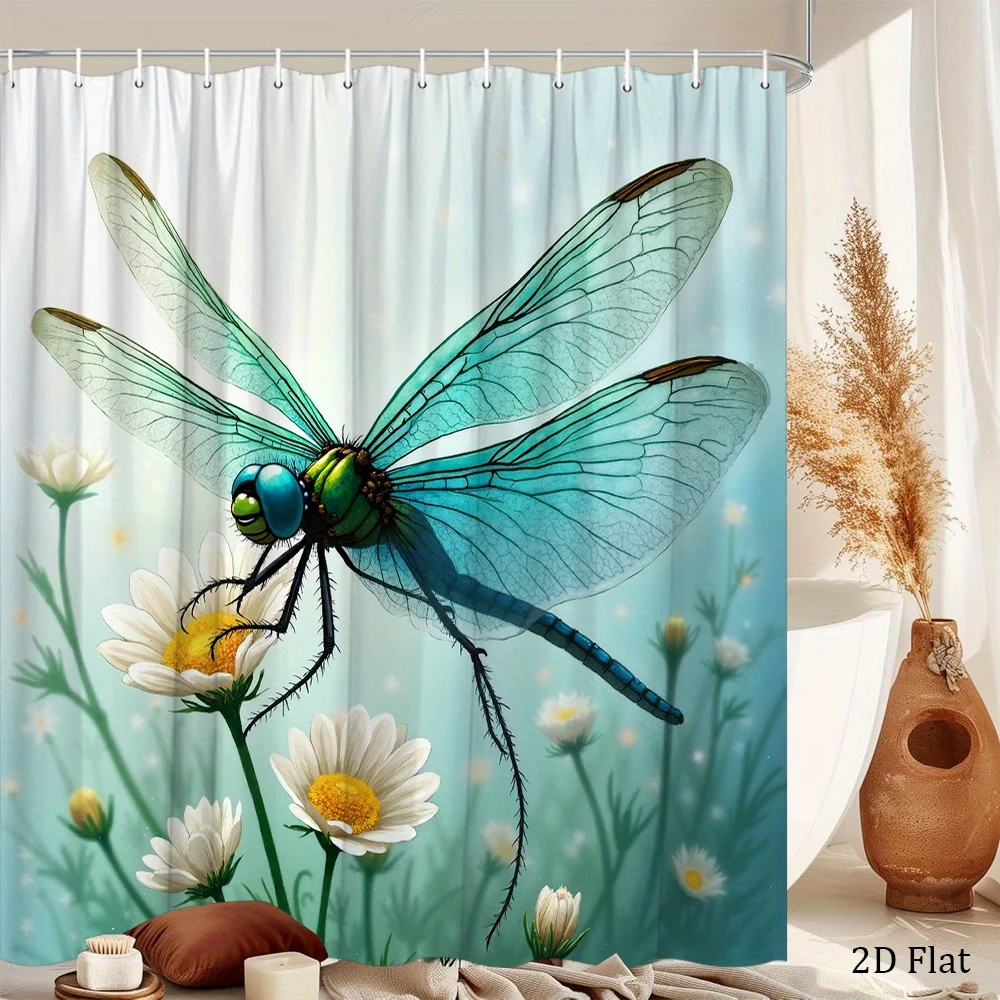 1pc 2D Flat Blue Green Dragonfly Shower Curtain Dragonfly with Blue and Green Wings Perched Among White Flowers with Soft Teal B