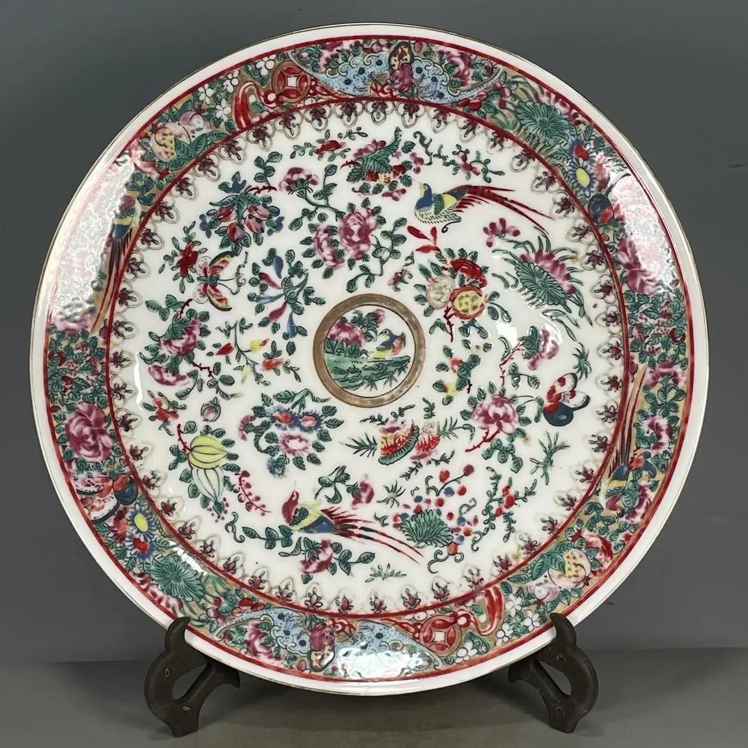 Chinese Wenwan Collectible Porcelain Display Plate, Qing Qianlong Year Mark Hand Drawn Floral Motif Decor Ornament