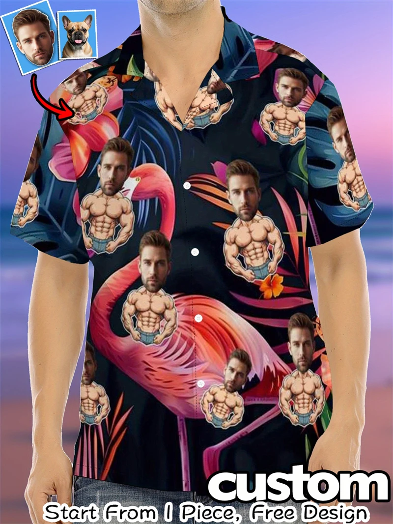 

Custom Face Muscle Hawaiian Man Women Shirts Personalized Photo Pet Print Tropical Sunset Palm Tree Button Down Beach Clothes