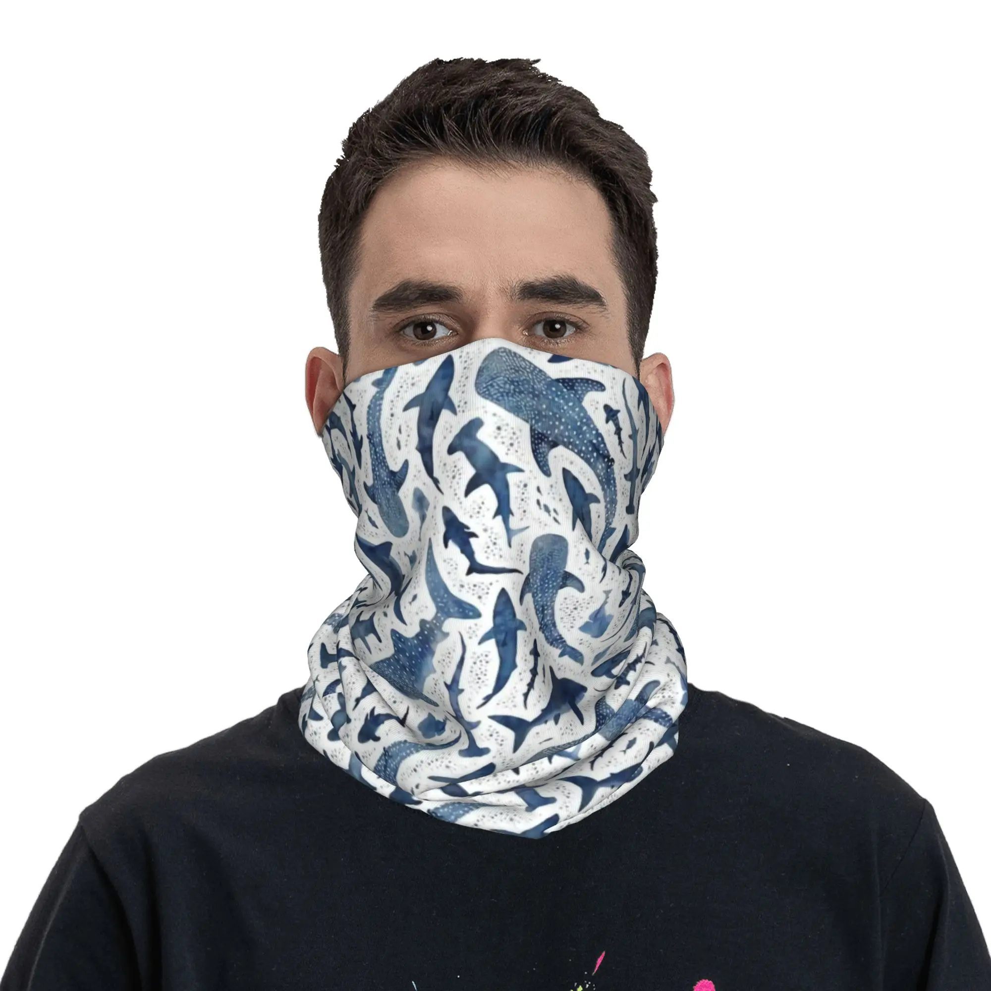 Custom Blue Watercolour Shark Bandana Neck Gaiter Windproof Face Scarf Cover Men Women Cartoon Fierce Headwear Tube Balaclava view 4