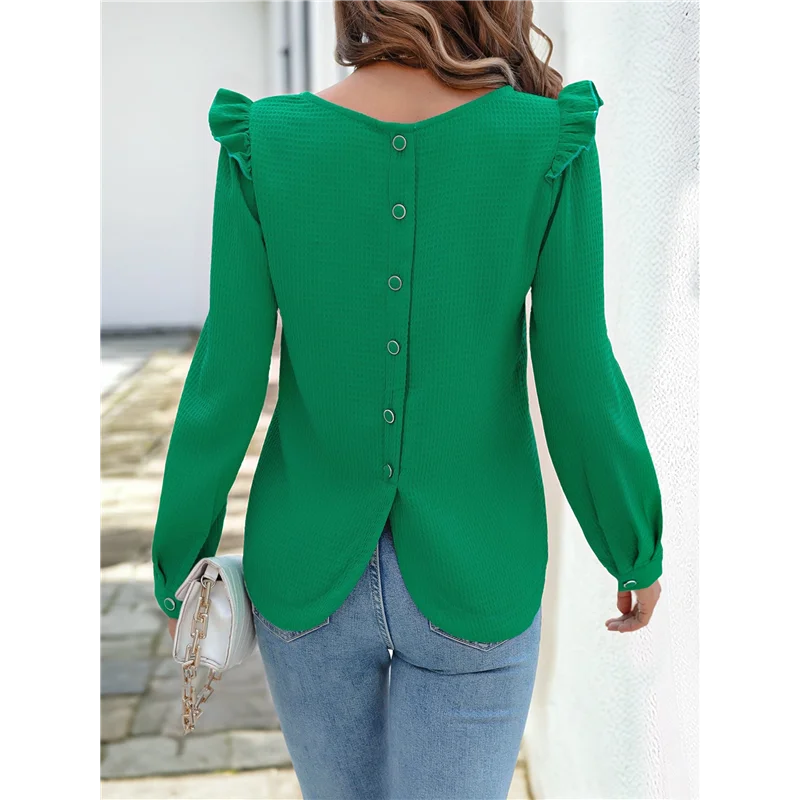 

AG-Women's Ruffle Shoulder Long Sleeve Blouses Crew Neck Light-Weight 2025 Fall Ribbed Knit Pullover Tops