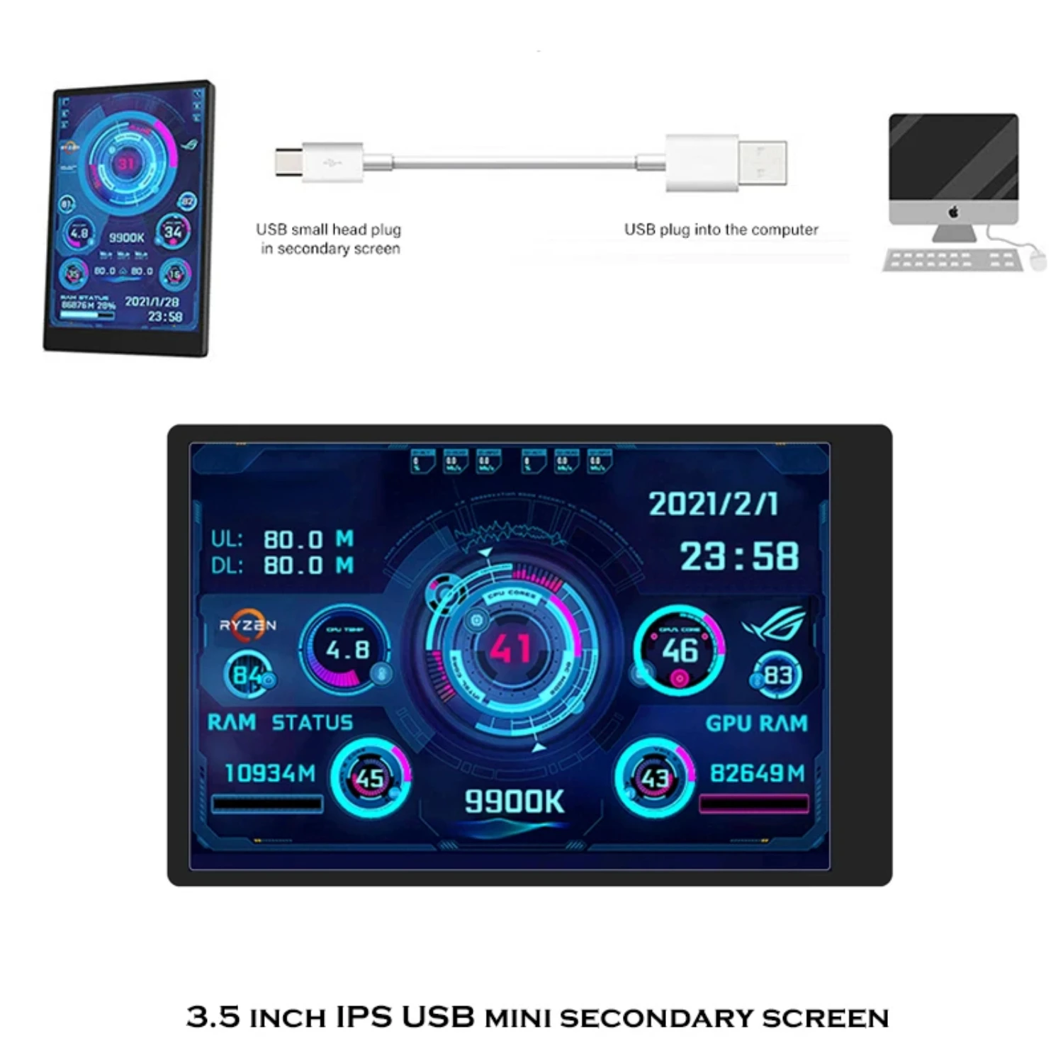 

2023Новый 3,5-дюймовый дополнительный экран IPS Type-C, компьютерный процессор, графический процессор, ОЗУ, монитор жесткого диска, USB-дисплей для свободного мини-монитора AIDA64