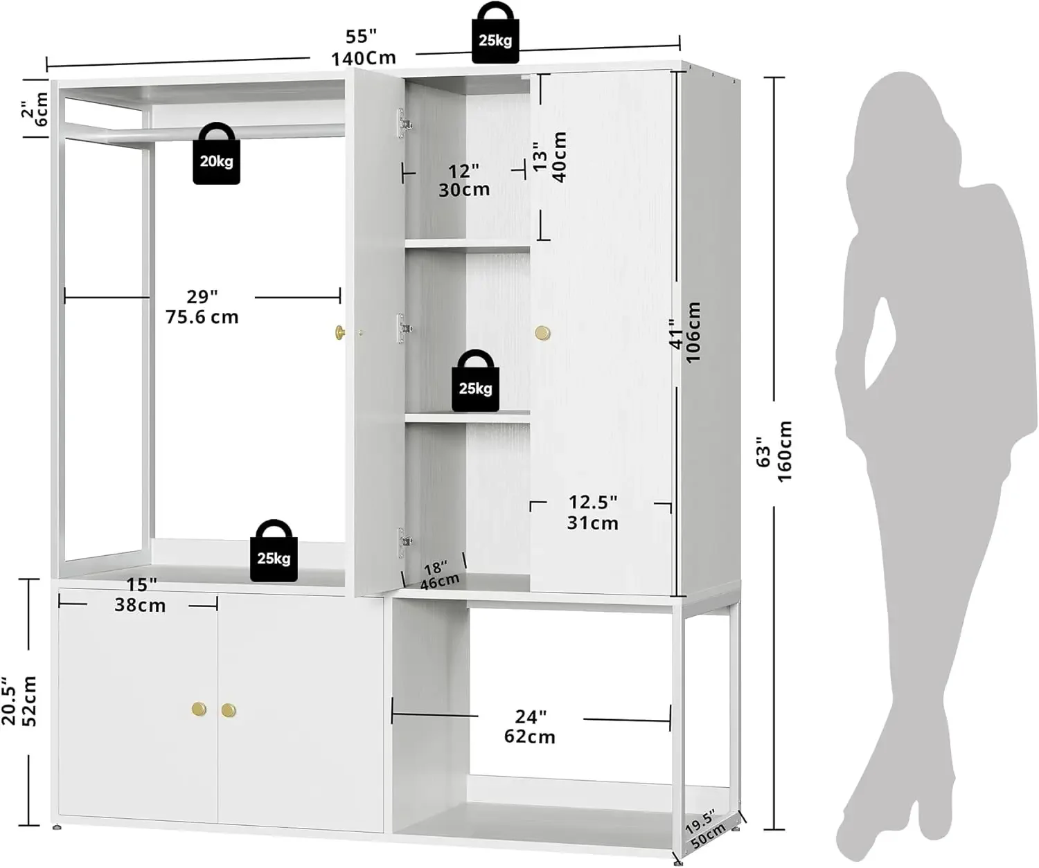 White Large Armoire Clothing Storage Cabinet Pantry with Hanging Rod, Shelves and 4 Doors for Bedroom, Living/Laundry Room