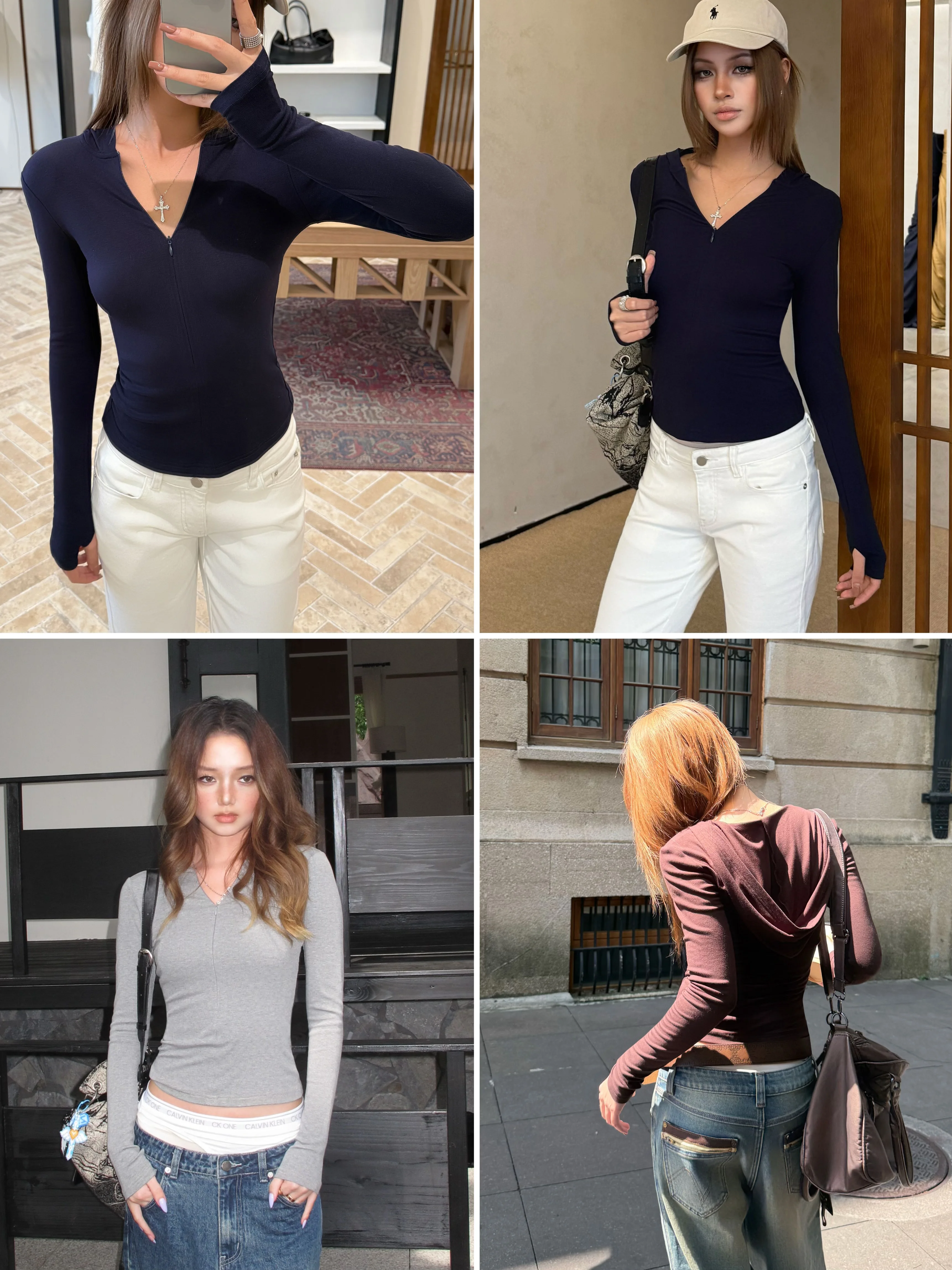 Women Long Sleeve Hidden Zipper Hooded Tee Tshirt Top