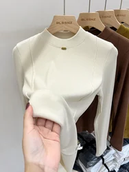 Women's Thickened Base T-Shirt with Stand Collar and Long Sleeves, Korean Version of Basic Elastic Line Commuter Top