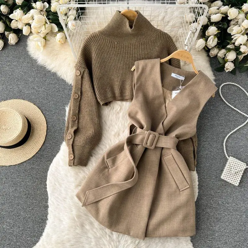 Women Autumn Winter Fashion Short Knit Sweater+Tank Top Suit Skirt 2 Piece Korean Elegant High Neck Pullover Dress Matching Set