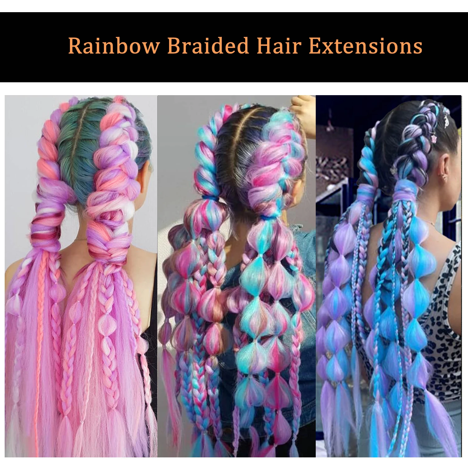 Extensiones de cabello trenzado de fibra de tamaño gigante sintético, colores arcoíris, 24 pulgadas, para niñas y mujeres, Halloween y Navidad, 3 uds.
