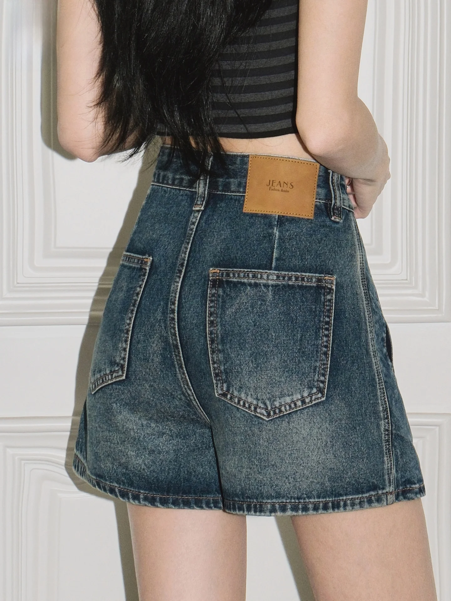 

Retro Blue Denim A-Line Skirt Women's Slimming Design Summer Trendy Short Skirt Pants High Waist Casual Style Cotton Blend