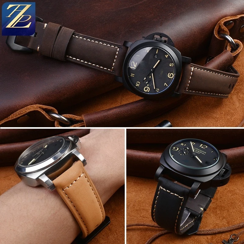 حزام من الجلد الطبيعي مصنوع يدويًا لبانيراي PAM 441/PAM 111/PAM 386, 20 مللي متر 22 مللي متر 24 مللي متر 26 مللي متر استبدال حزام ساعة رجالي فاخر